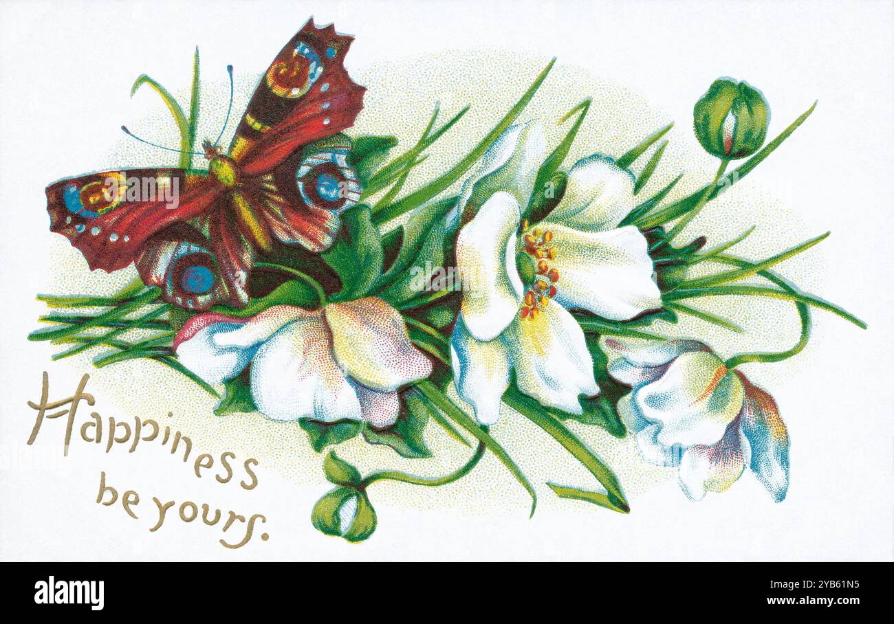 Vintage-Grußkarte mit Chromo-Litho-Illustration mit Schmetterling und Blumen und der Botschaft „Happiness be your“. Stockfoto