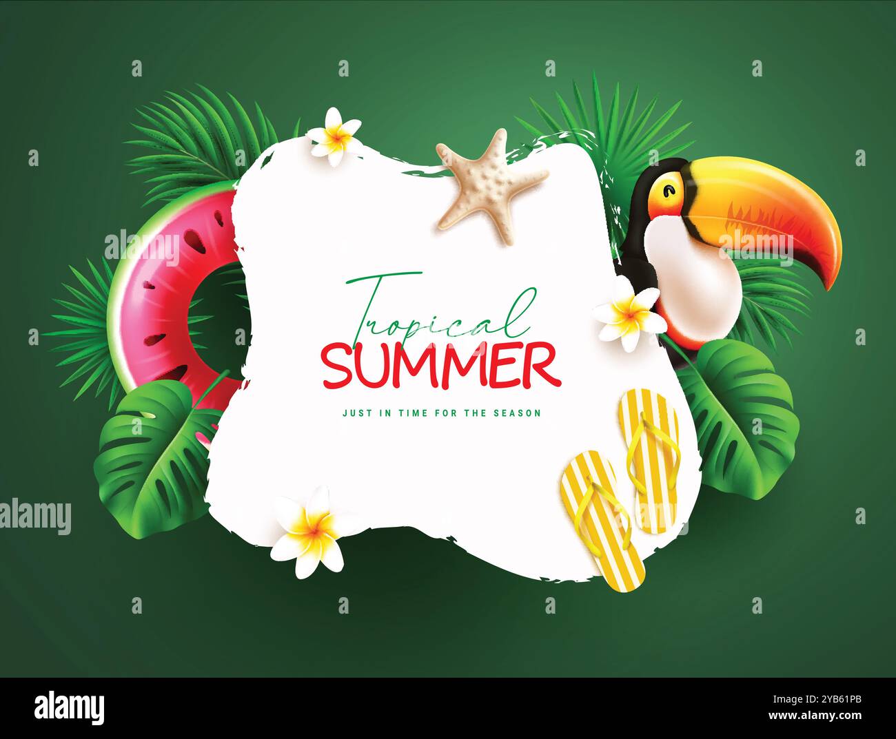 Tropische Textvektorvorlage für den Sommer. Tropischer Sommergrüßtext in weißem Raum mit Tukanvogel, Floatern, Palmen und Monsterablättern Stock Vektor