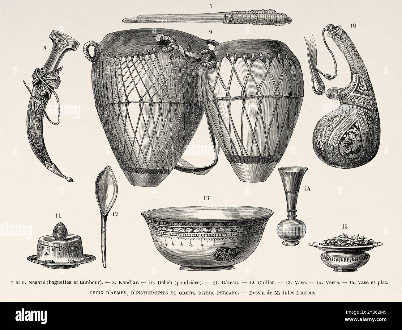 Alte persische Waffen, Instrumente und Gegenstände. 7 und 9 Negare (Sticks und Trommel) 8. Kandjar. 10 Debeh (Flasche mit antikem persischem Pulverpulver) 11 Kuchen. 12 Löffel. 13 Vase. 14 Glas. 15. Vase und Teller. Iran. Zeichnung von Jules Laurens (1825–1901) Reise nach Persien, 1855-1858 von Arthur de Gobineau (1816–1882) Le Tour du Monde 1860 Stockfoto