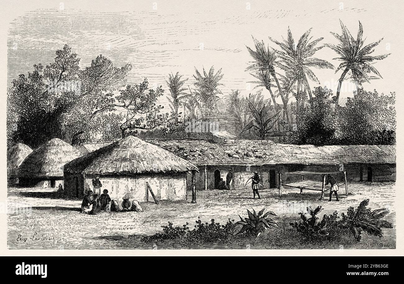 Kaouele Village, Tansania. Afrika. Zeichnung von Eugene Lavieille (1820–1889) Reise zu den Großen Seen Ostafrikas, 1857-1859 von dem britischen Entdecker Richard Francis Burton (1821–1890) Le Tour du Monde 1860 Stockfoto