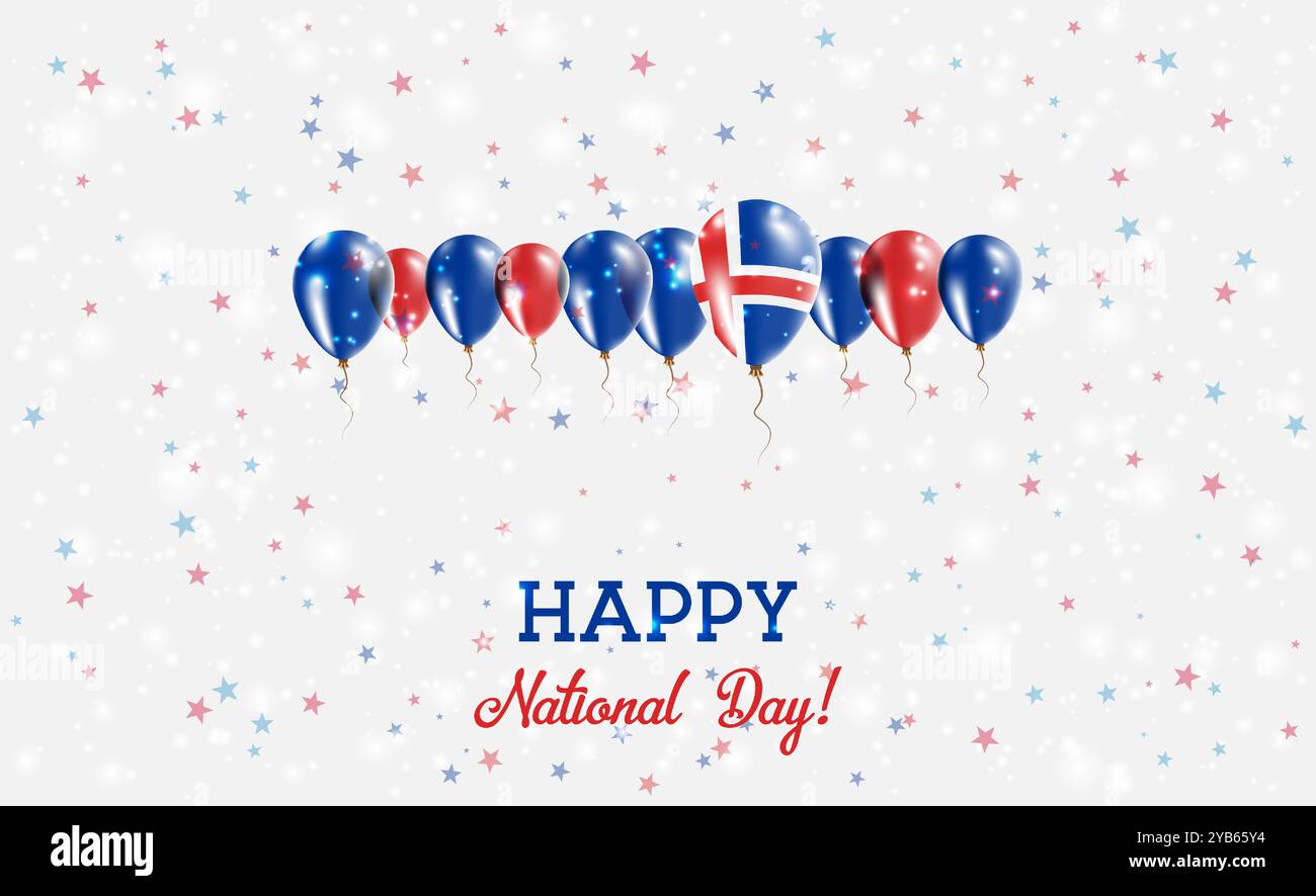 Island Unabhängigkeitstag Funkelndes Patriotisches Poster. Ballonreihe in den Farben der Islandflagge. Grußkarte mit Nationalflaggen, Konfetti und Stock Vektor