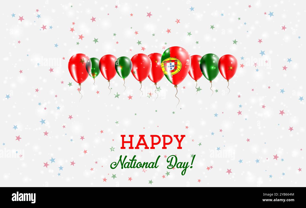 Portugal Unabhängigkeitstag Funkelndes Patriotisches Poster. Reihe von Ballons in Farben der portugiesischen Flagge. Grußkarte mit Nationalflaggen, Konfetti und Stock Vektor