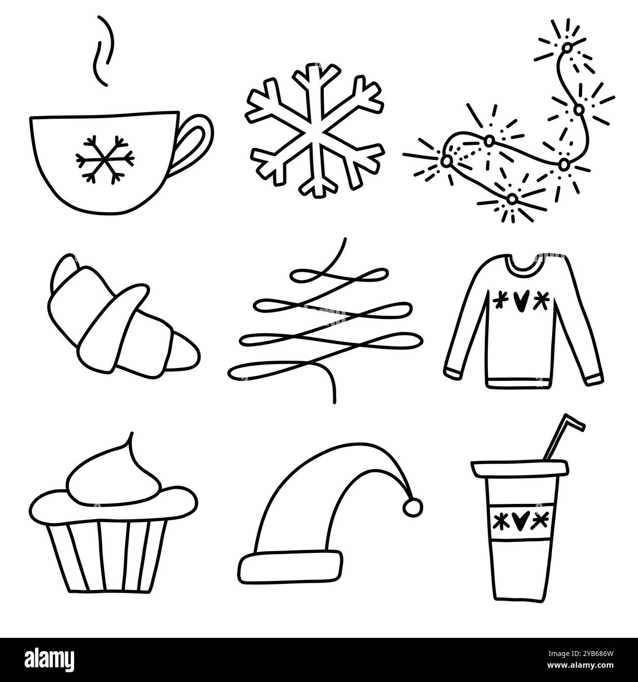 Winterliche Ikonen mit Schneeflockenbecher, kuscheliger Pullover, weihnachtsmütze und festlichen Leckereien in schlichtem Design Stock Vektor