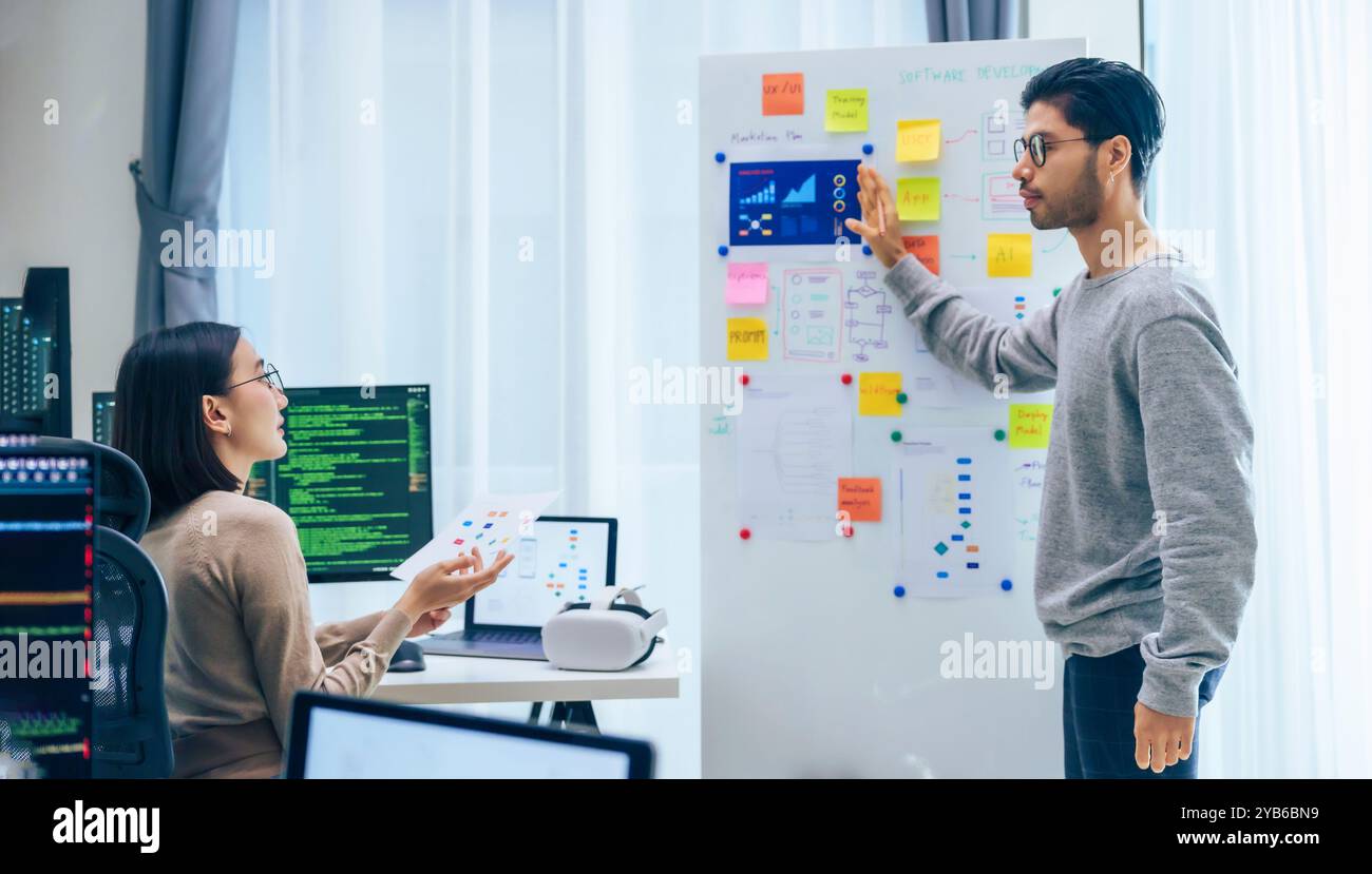 Das Entwicklerteam präsentiert das Design der Projektoberfläche mit der Platine und die Problemlösung im Büro Stockfoto