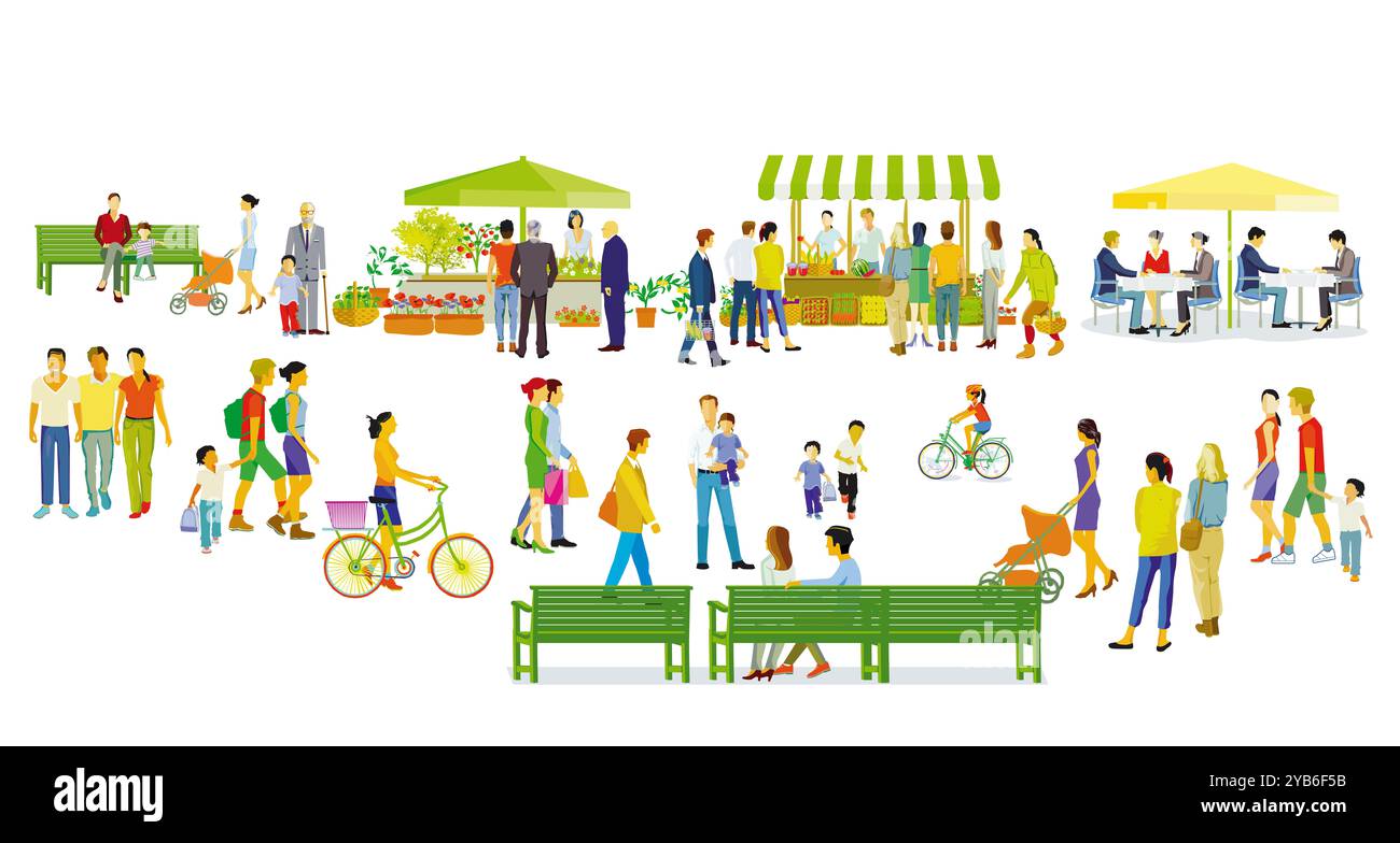 Gruppen von Menschen auf dem Wochenmarkt, in ihrer Freizeit im Wohngebiet, Illustration Stockfoto
