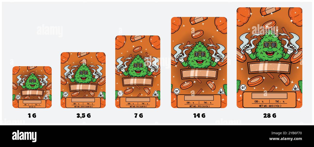 Karottensorten und Gras Bud mit Smoking Mascot Cartoon. Produktverpackung Abdeckungsset mit 1G, 3,5G, 7G, 14G und 28G. Skalierbare Größe ohne Verlust des Stock Vektor