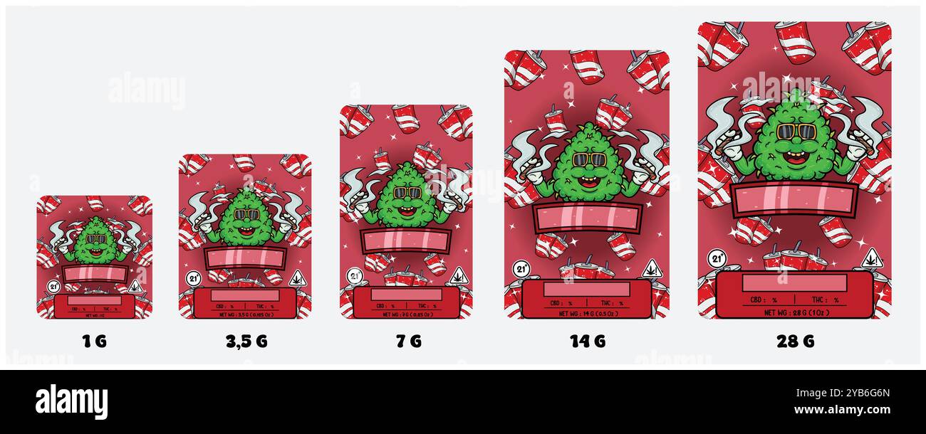 Cola Drink Sorten und Weed Bud mit Smoking Mascot Cartoon. Produktverpackung Abdeckungsset mit 1G, 3,5G, 7G, 14G und 28G. Skalierbare Größe Ohne Verlust Stock Vektor
