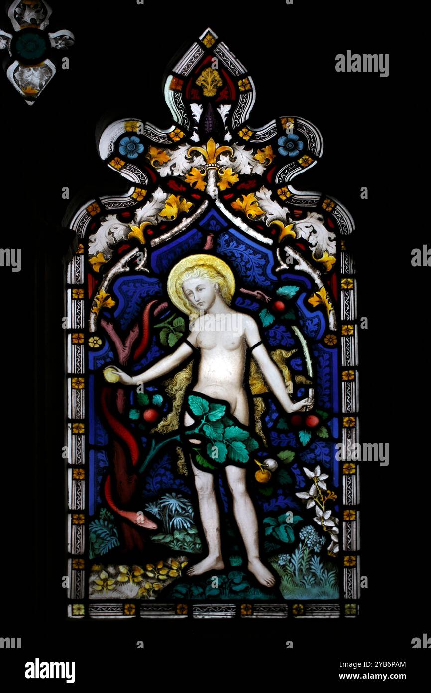 Eve pflückt einen Apfel im Garten Eden. Viktorianische Glasmalerei Gloucester Cathedral, Großbritannien Stockfoto