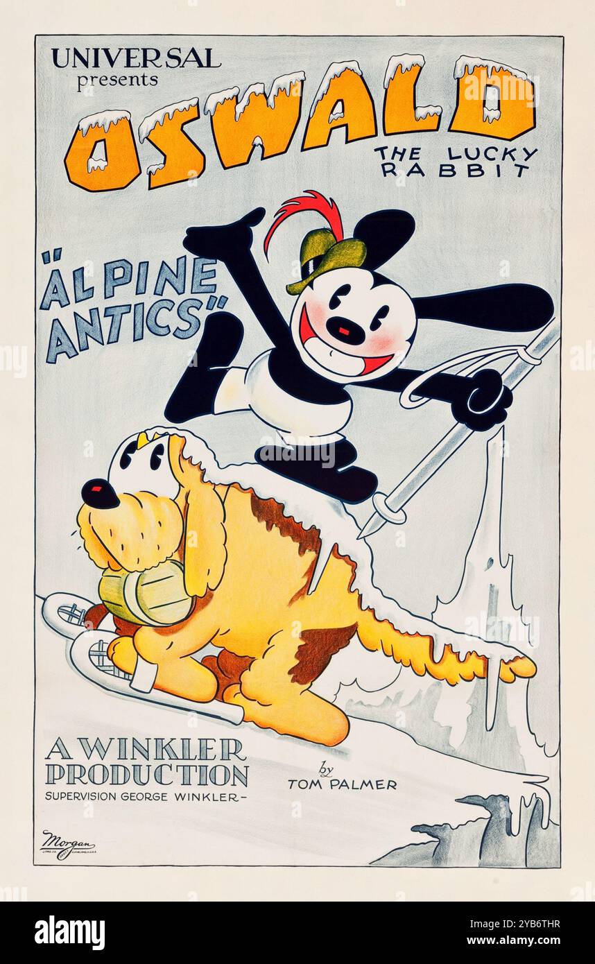 1920er Jahre Poster: Oswald der glückliche Hase in Alpine Antics (Universal, 1929) von Walt Disney. Dieser Charakter ähnelte seiner späteren Schöpfung, der ikonischen „Mickey Mouse“. Stockfoto