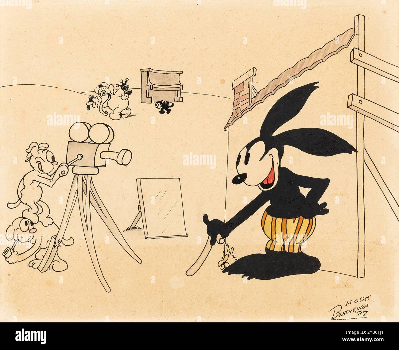 Vintage Illustration - Oswald der Glückshase - alter Werbedruck von Norm Blackburn (Walt Disney, 1927) Oswald der Glückshase, frühe Figur von Walt Disney und Ub Iwerks.jpeg Stockfoto