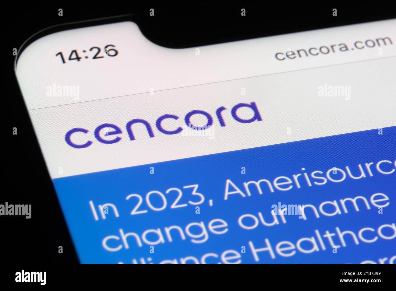 Schließen Sie das Logo der Firmenmarke Cencora auf der Website auf dem Bildschirm an Stockfoto