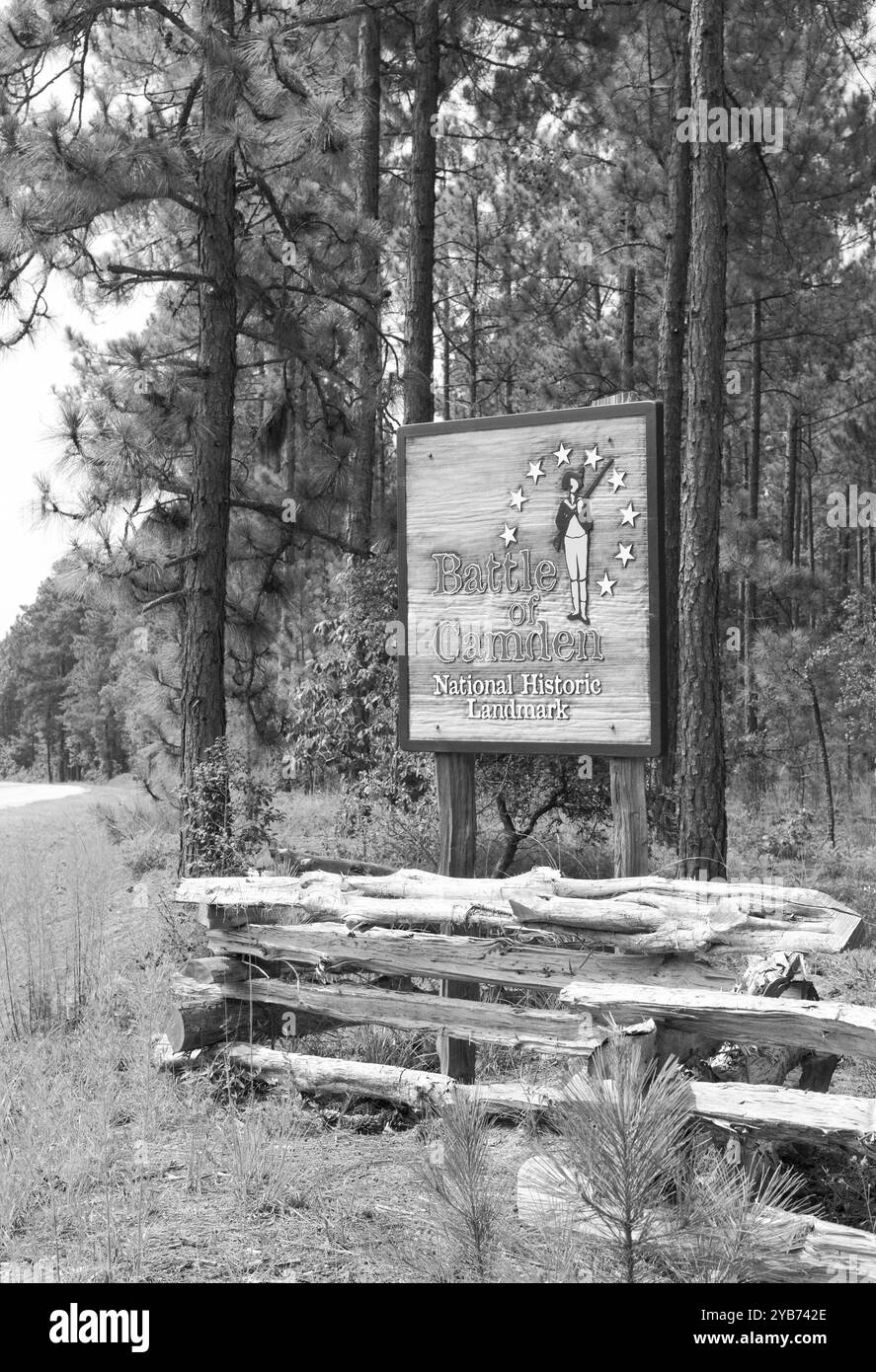 Erkunden Sie die Schlacht von Camden National Historic Landmark in South Carolina, ein wichtiger Ort aus dem Unabhängigkeitskrieg, an dem Geschichte geschrieben wurde. Stockfoto