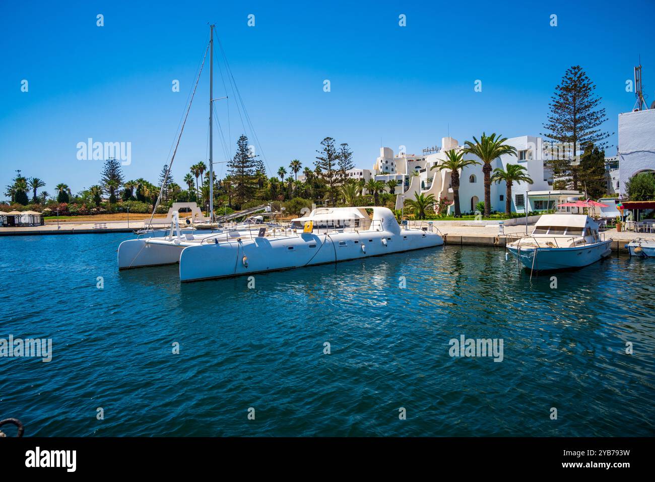 Marina en Tunisie avec Katamarane, Eaux méditerranéennes scintillantes, bâtiments d'Architecture arabe et palmiers sous un ciel bleu Stockfoto