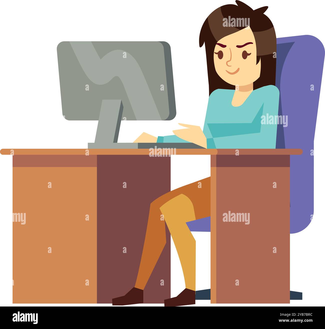 Büroarbeitsplatz. Cartoon-Frau arbeitet am Computer Stock Vektor