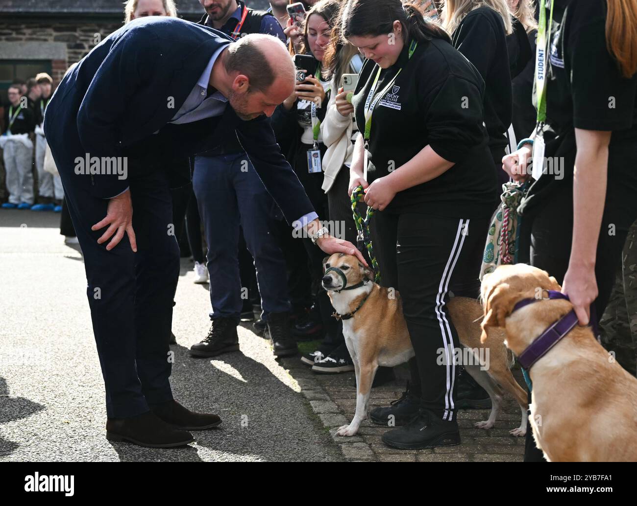 Der Duke of Cornwall (links) streichelt einen Hund der Tierverwaltungsabteilung, während er sich nach seinem Besuch im Duchy College Stoke Climsland in Callington, Cornwall, auf die Reise vorbereitet, um mehr darüber zu erfahren, wie das College jungen Menschen in ländlichen Gebieten Möglichkeiten bietet. Bilddatum: Donnerstag, 17. Oktober 2024. Stockfoto