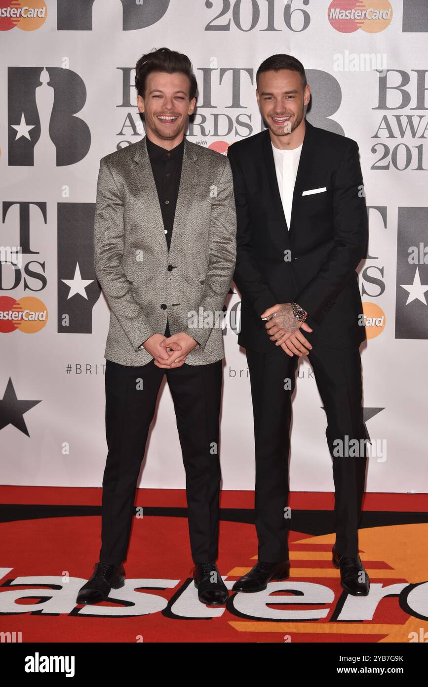 LONDON, ENGLAND - 24. FEBRUAR: Louis Tomlinson, Liam Payne nimmt am 24. Februar 2016 an den BRIT Awards 2016 in der O2 Arena in London, EnglandCAP/PL Teil Stockfoto