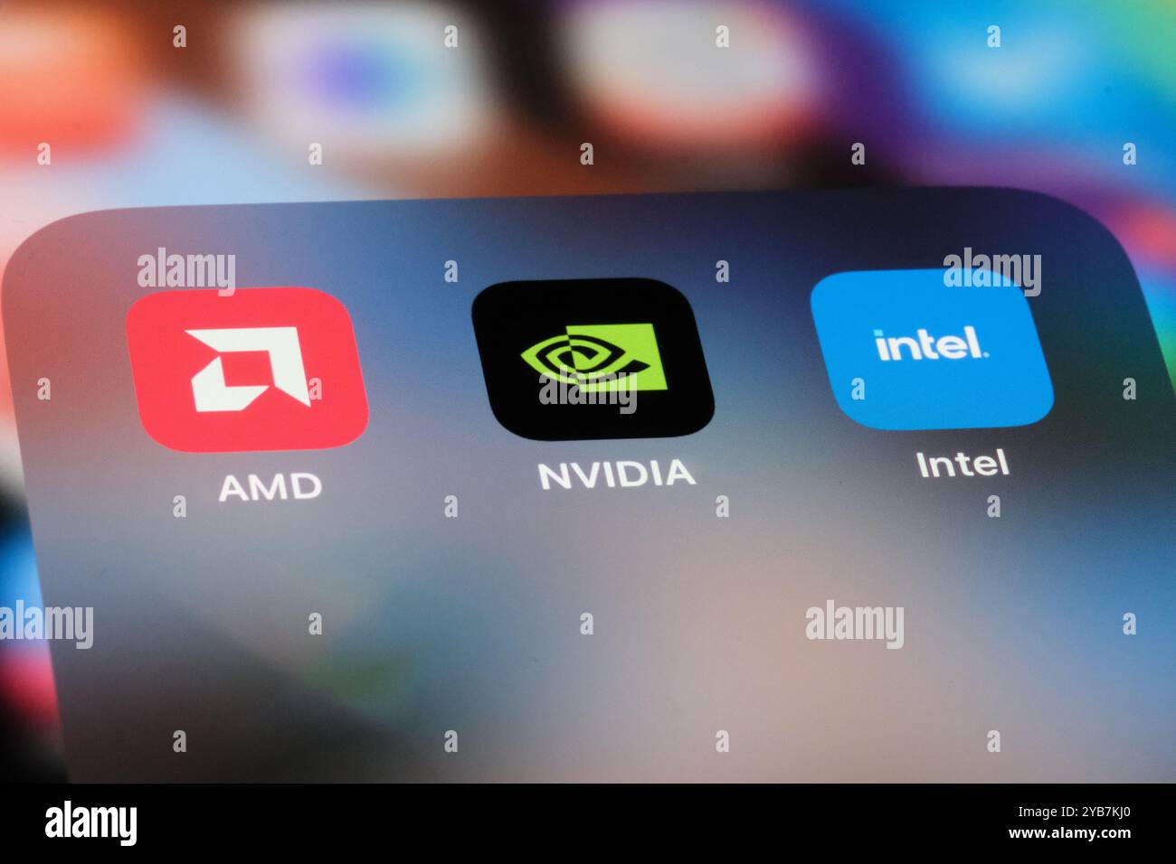 Shanghai, China, 12. März 2024: NVIDIA Corporation, AMD Company und Intel Corporation Icon Logo. Verschiedene führende Marken für Halbleiter Stockfoto