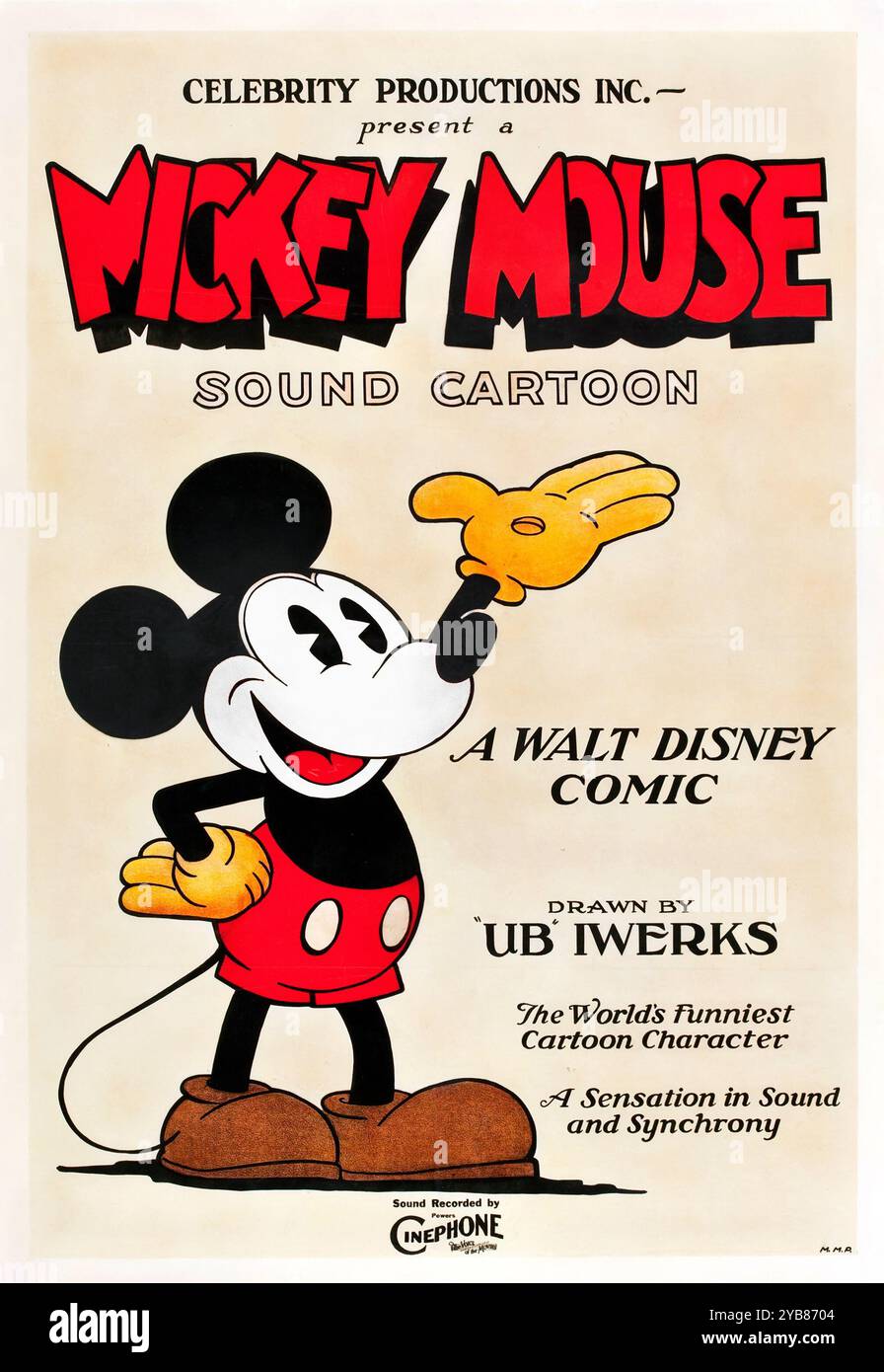 Mickey Mouse Stock Poster (Celebrity Productions, 1928). Erstellt von Walt Disney, gezeichnet von Ub Iwerks. Retuschierte Version. Stockfoto