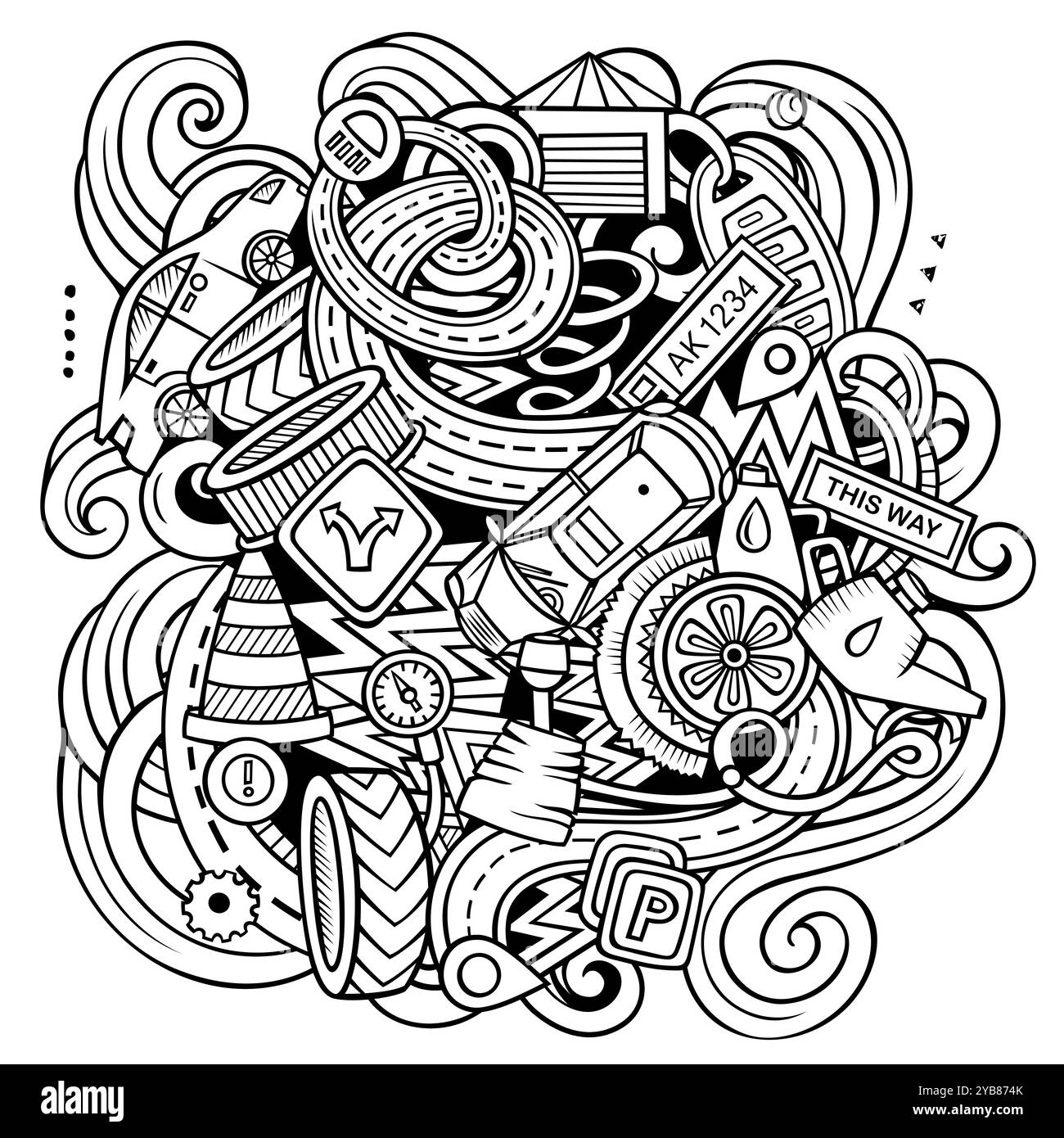 Autom. Service Cartoon-Vektor-Illustration. Skizzenhafte, detaillierte Komposition mit vielen Objekten und Symbolen im Automobilbereich Stock Vektor