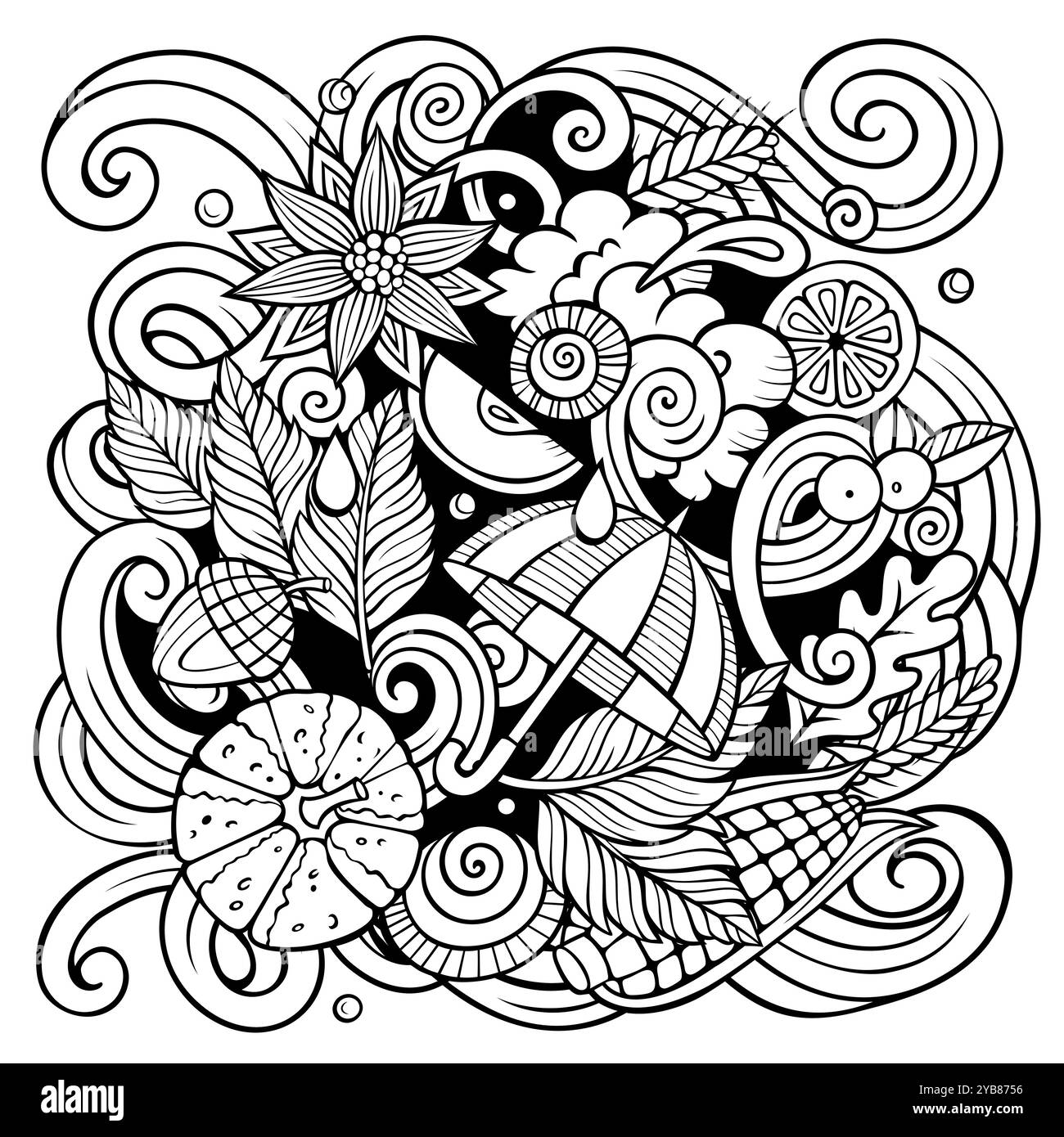 Herbst-Cartoon-Vektor-Kritzelillustration. Handgezeichnetes Herbstdesign. Hintergrund für Elemente und Objekte der Saison. Skurriles, lustiges Bild Stock Vektor