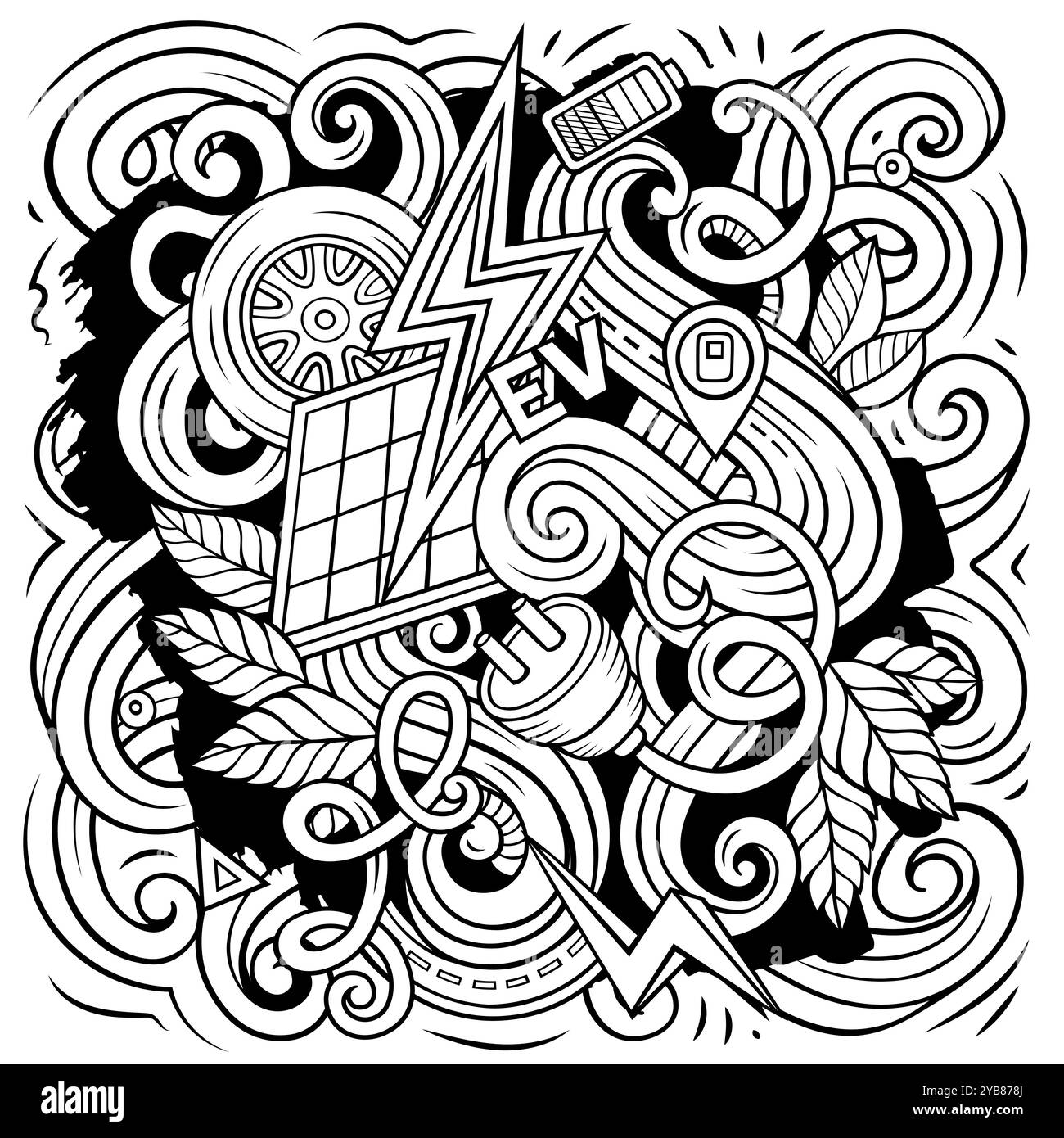 Elektrische Autos Cartoon Vektor Kritzeldesign. Linienkunst detaillierte Komposition mit vielen Öko-Transportobjekten und Symbolen Stock Vektor