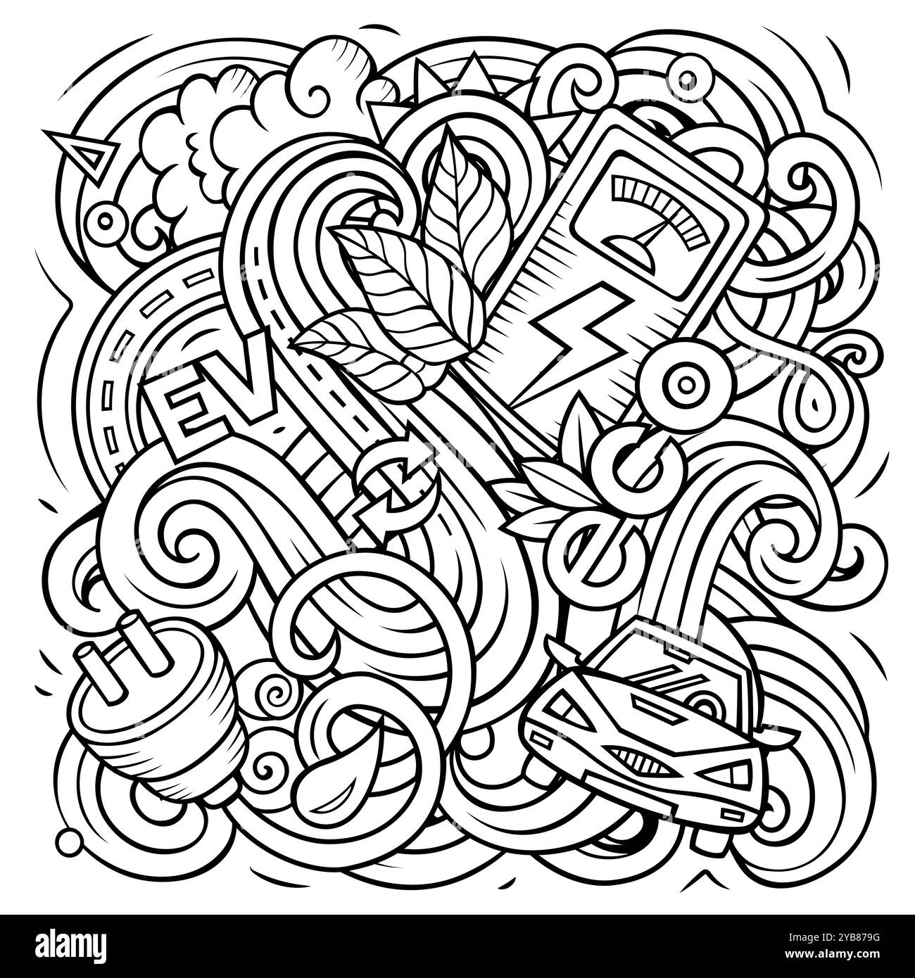 Elektrische Autos Cartoon Vektor Kritzeldesign. Linienkunst detaillierte Komposition mit vielen Öko-Transportobjekten und Symbolen Stock Vektor