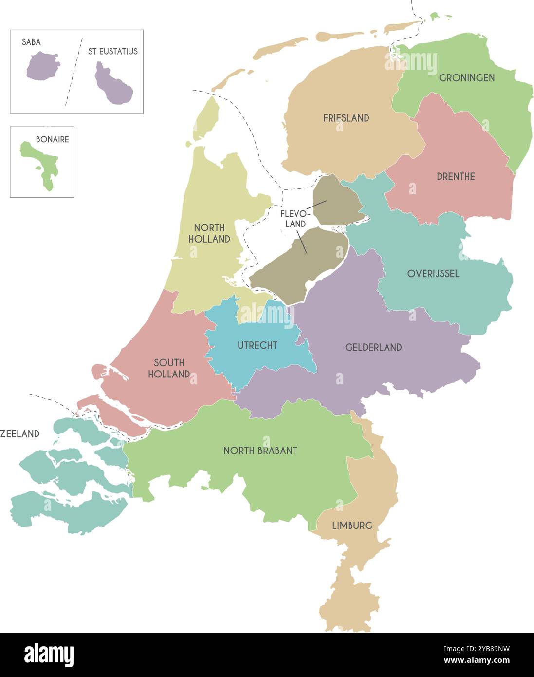 Vektor-Regionalkarte der Niederlande mit Provinzen, karibischen Sondergemeinden und Verwaltungsbereichen. Bearbeitbare und klar beschriftete Ebenen. Stock Vektor