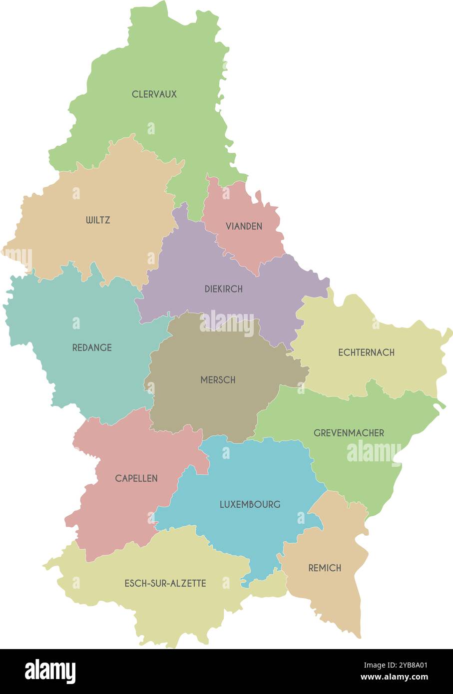 Vektor-Regionalkarte von Luxemburg mit Kantonen und Verwaltungsbezirken. Bearbeitbare und klar beschriftete Ebenen. Stock Vektor