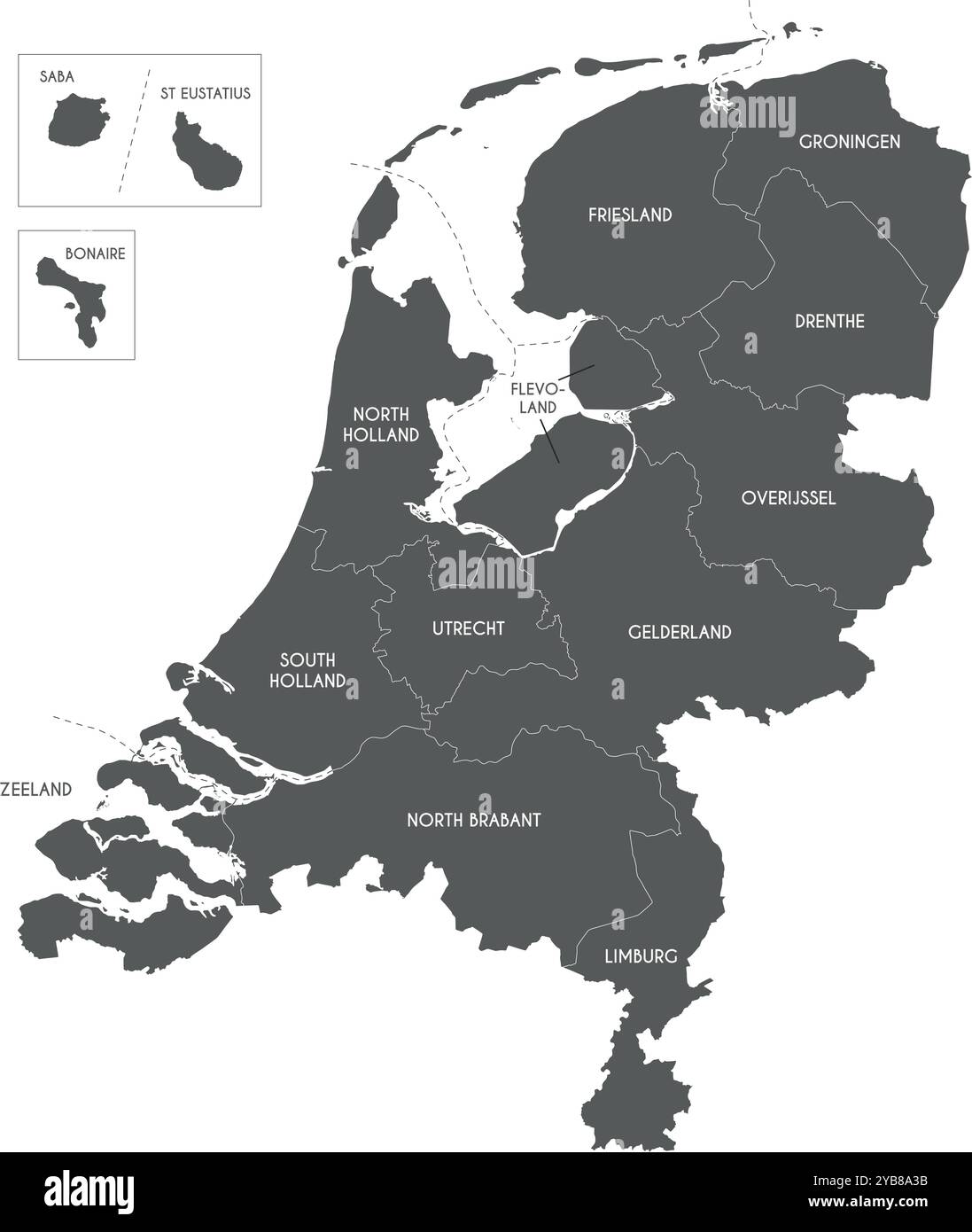 Vektor-Regionalkarte der Niederlande mit Provinzen, karibischen Sondergemeinden und Verwaltungsbereichen. Bearbeitbare und klar beschriftete Ebenen. Stock Vektor