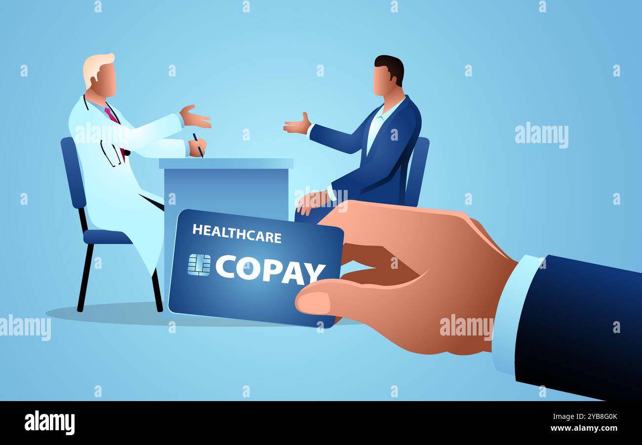 Mann, der sich mit seinem Arzt berät, mit einer Hand, die eine Kopay-Karte im Vordergrund hält. Ideal für Gesundheitswesen, medizinische Konsultationen, Versicherungen Stock Vektor