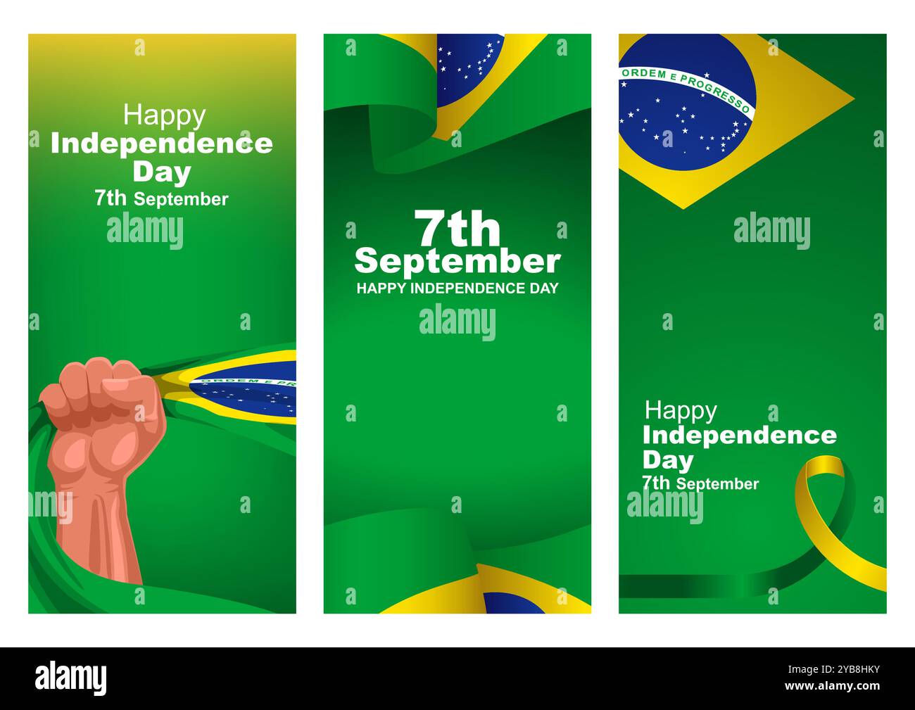Sammlung brasilianischer Flaggenabzeichen für nationale Veranstaltungen, optimiert für die Größe des Bildschirms. Ideal für Grüße zum Unabhängigkeitstag Stock Vektor