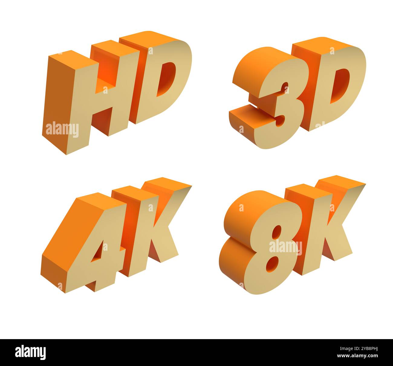 Videoformate. Auflösung und Qualität. 3D-Buchstaben isometrisch. HD, 4K, 8K, 3D Transparenz Hintergrund. Stockfoto