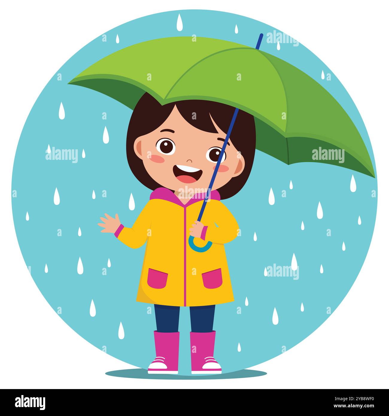 Happy Kid in Yellow Raincoat spielt mit Regenschirm im Regen – niedlicher Karikaturvektor Stock Vektor