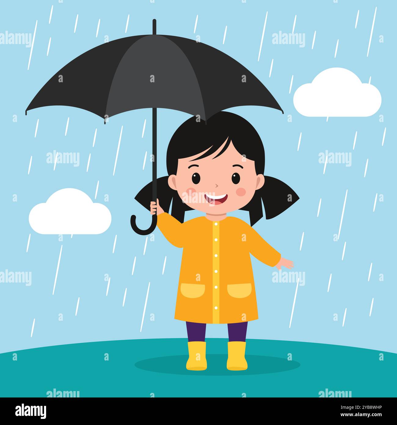 Happy Kid in Yellow Raincoat spielt mit Regenschirm im Regen – niedlicher Karikaturvektor Stock Vektor