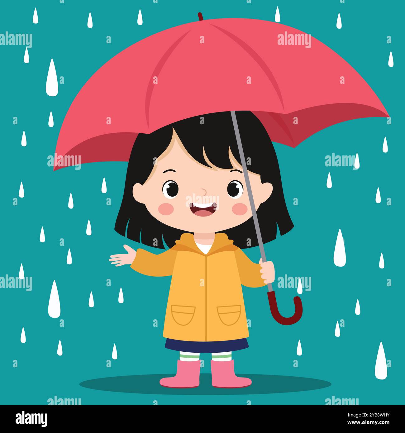 Happy Kid in Yellow Raincoat spielt mit Regenschirm im Regen – niedlicher Karikaturvektor Stock Vektor