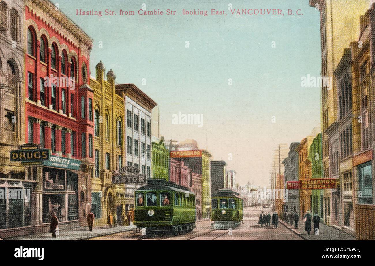 Vancouver BC, Hastings Street und Straßenbahnen, ca. 1910er Jahre Postkarte. Nicht identifizierter Fotograf Stockfoto