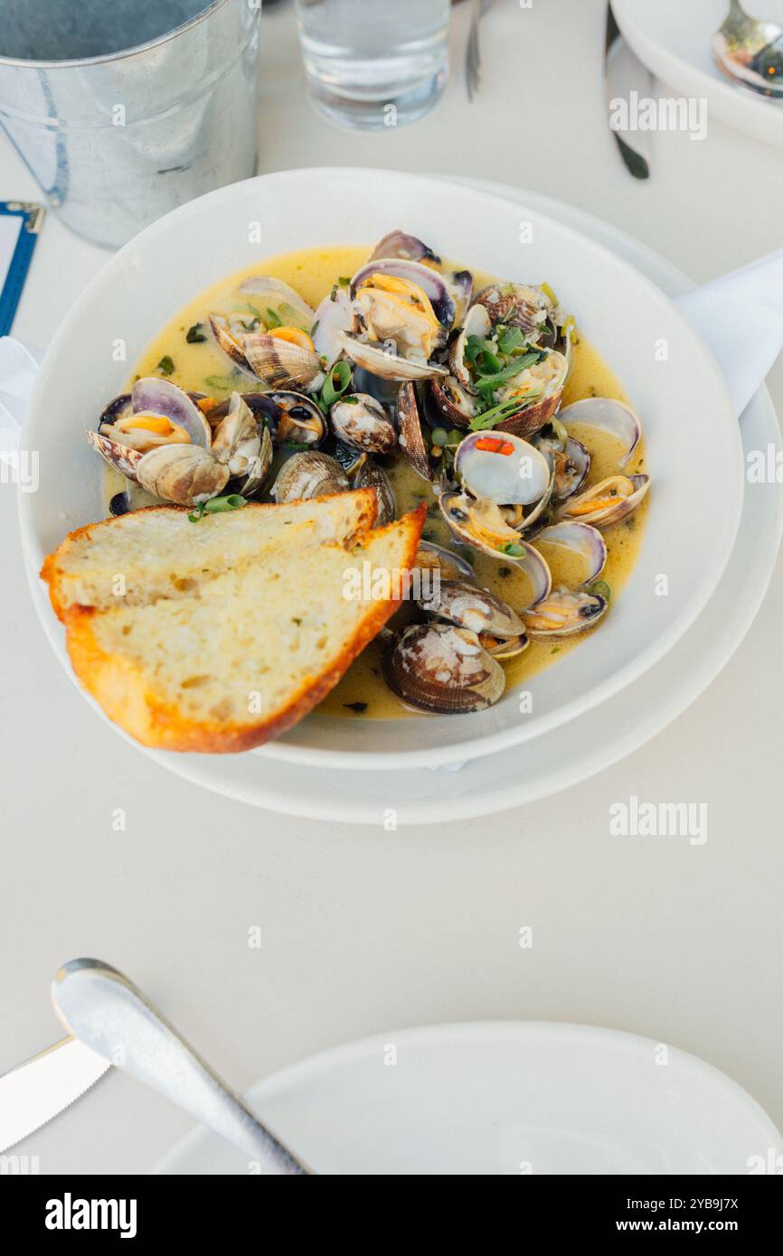 Muscheln in Brühe im Restaurant mit Sauerteigbrotscheiben, weißer Schüssel Stockfoto