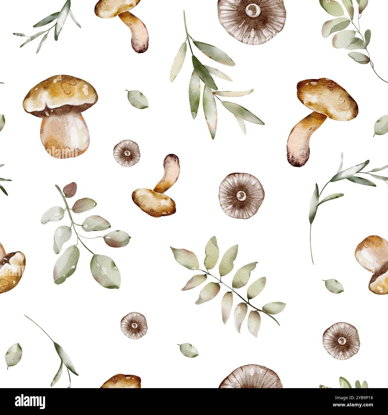 Aquarell Waldpilze nahtlose Tapete. Handgezeichnetes herbstliches Ornament mit Laub auf weißem Hintergrund. Geschenkpapier für den Hintergrund der Pflanze, Muster. Stockfoto