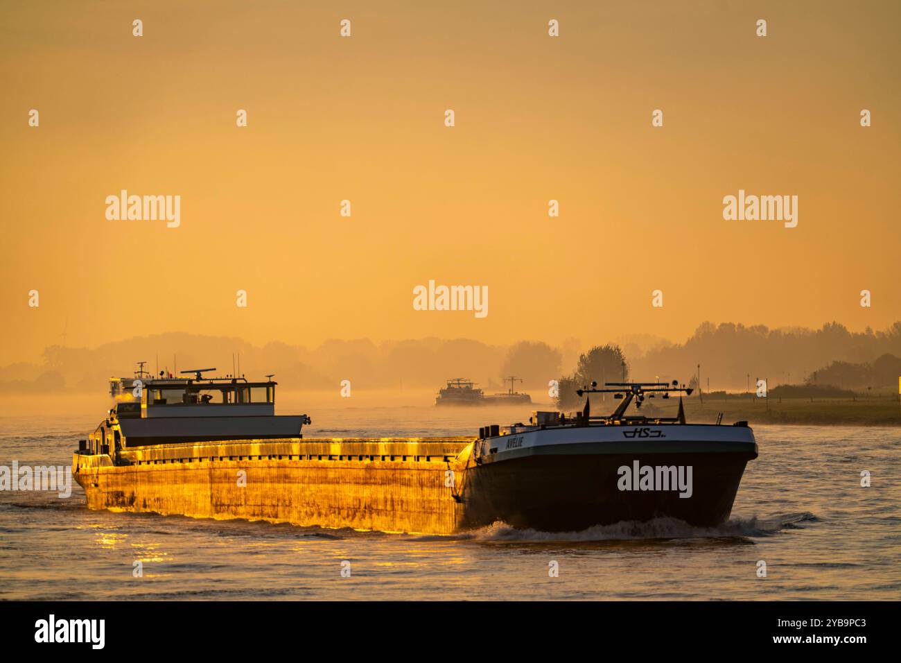 Frachtschiffe auf dem Rhein bei Emmerich, am frühen Morgen, Sonnenaufgang, Nebel, Dunst auf dem Fluss, NRW, Deutschland, Rhein bei Emmerich *** Frachtschiffe auf dem Rhein bei Emmerich, früh morgens, Sonnenaufgang, Nebel, Dunst auf dem Fluss, NRW, Deutschland, Rhein bei Emmerich Stockfoto