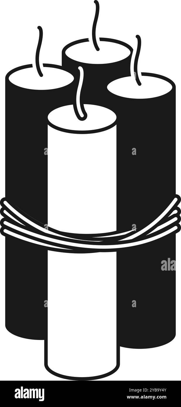 Dynamit, schwarzes Symbol. Explosionsartig mit Sicherungssymbol verbunden Stock Vektor