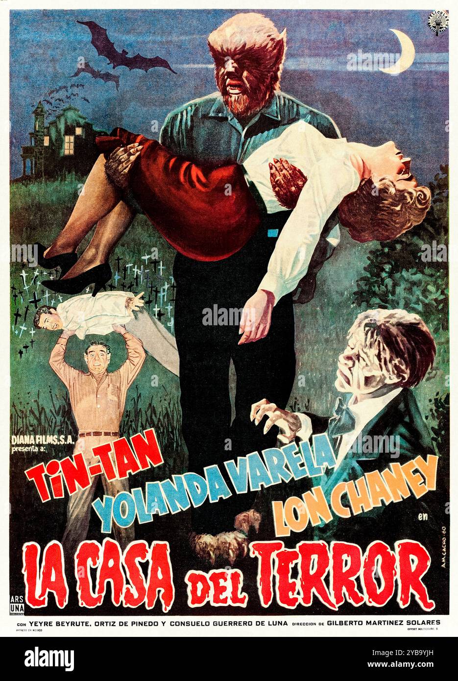 La casa del Terror (1960) von Gilberto Martínez Solares mit Germán Valdés, Lon Chaney und Yerye Beirute. Casimiro, ein Nachtwächter in einem Wachsmuseum, wird unwissentlich in die finsteren Experimente seines Bosses verwickelt, um die Toten mit Blut aufzuwecken, das ihm abgeleitet wird. Foto von einem original vollständig restaurierten Leinenrücken 1930 mexikanisches Poster mit einem Blatt ***NUR REDAKTIONELLE VERWENDUNG***. Quelle: BFA / Películas Rodríguez Stockfoto