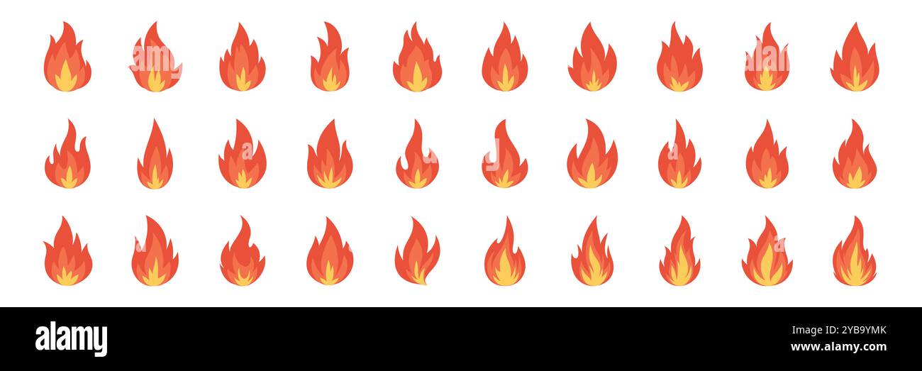 Vektor-Feuer-Flamme-Symbolsatz. Isoliertes Lagerfeuer, Lagerfeuer, Flammenzeichen. Vorderansicht. Design-Vorlage für Outdoor, Camping, Notfall-Grafiken. Vektor Stock Vektor