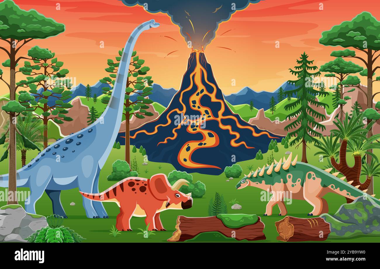 Prähistorische Landschaft mit Dinosauriern und Vulkan im Jurassic Forest Park, Vektor-Hintergrund. Cartoon-Dinosaurier und prähistorische lustige Dino-Eidechsen im prähistorischen Dschungel mit VulkanLavaausbruch Stock Vektor