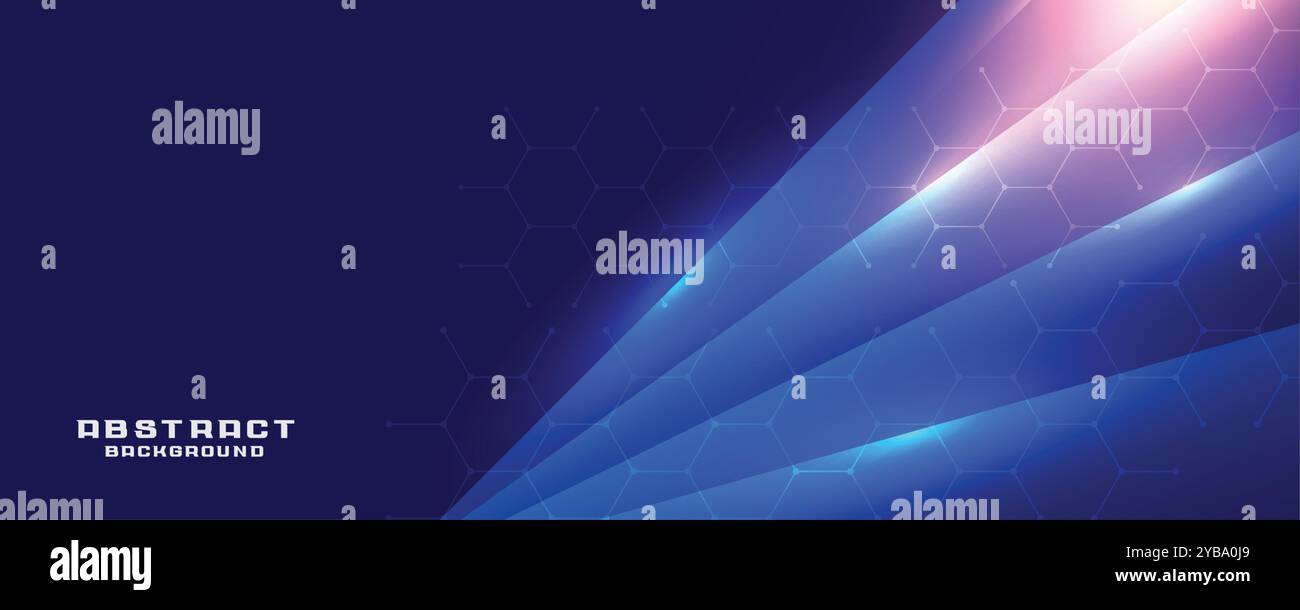 Digitales Technologie-blaues Banner mit sechseckigem Muster und leuchtenden Linien Stock Vektor