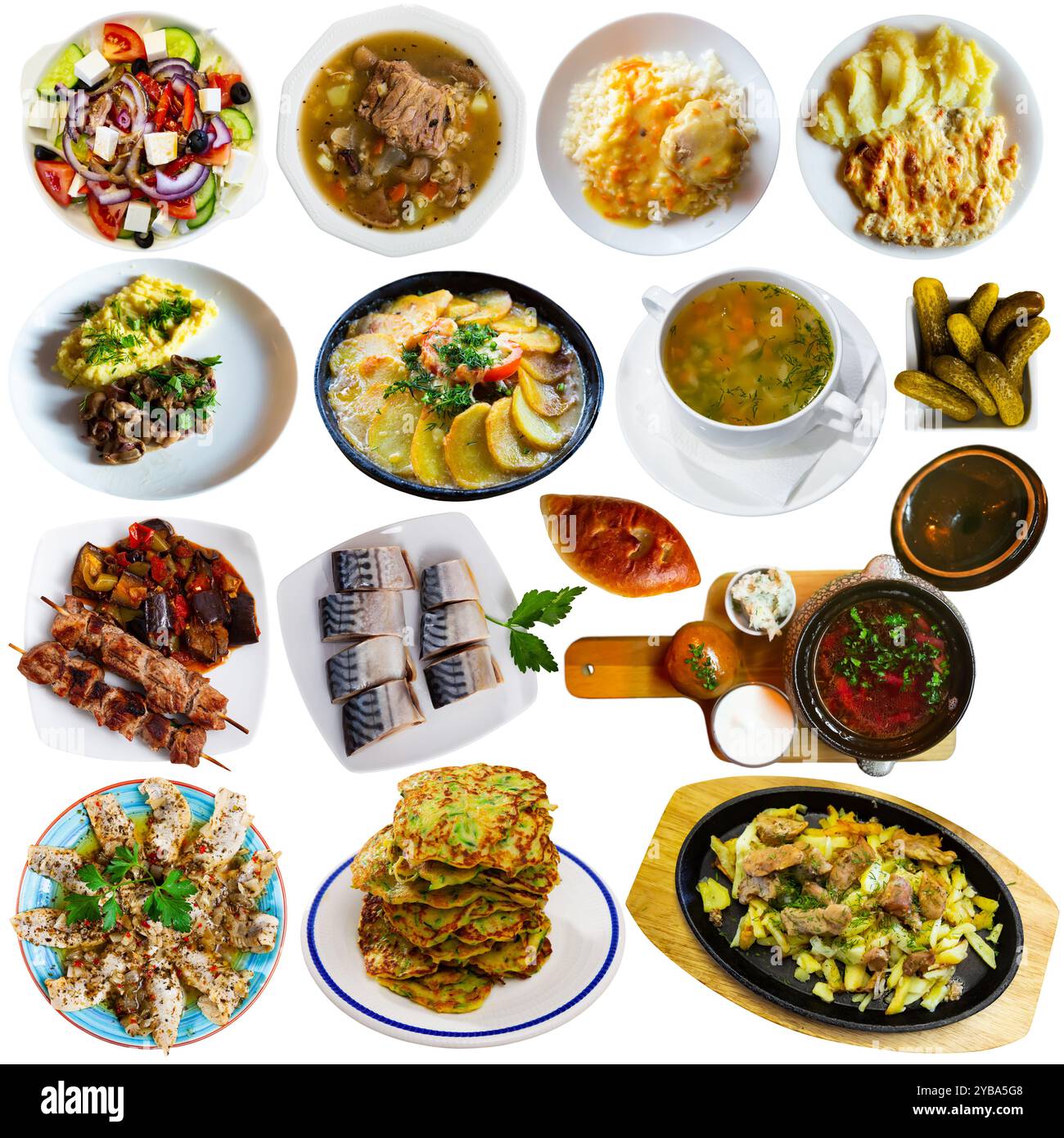 Set von russischen Gerichten isoliert auf weiß Stockfoto