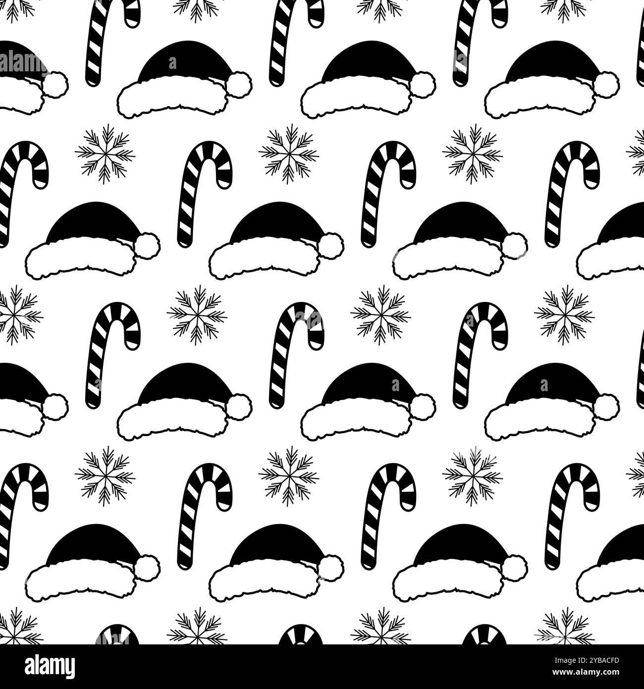 Gestreifter Candy Cane, Weihnachtsmannmützen und Schneeflocken nahtloses Schwarz-weiß-Muster in Doodle-Minimalist. Isolierte Vektor-Illustration Hintergrundbild thematische Karten, Poster, Faltblatt, Etikett oder Web-Promo Hintergrund Stock Vektor