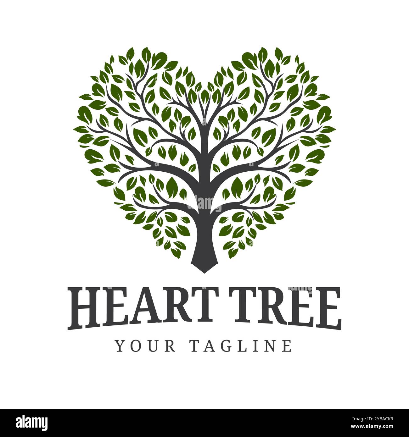 Love Tree Design. Herzförmiger Baum mit Zweigen und Blättern, Symbol der Liebe, Wachstum und natürliche Leben Logo-Illustration Stock Vektor