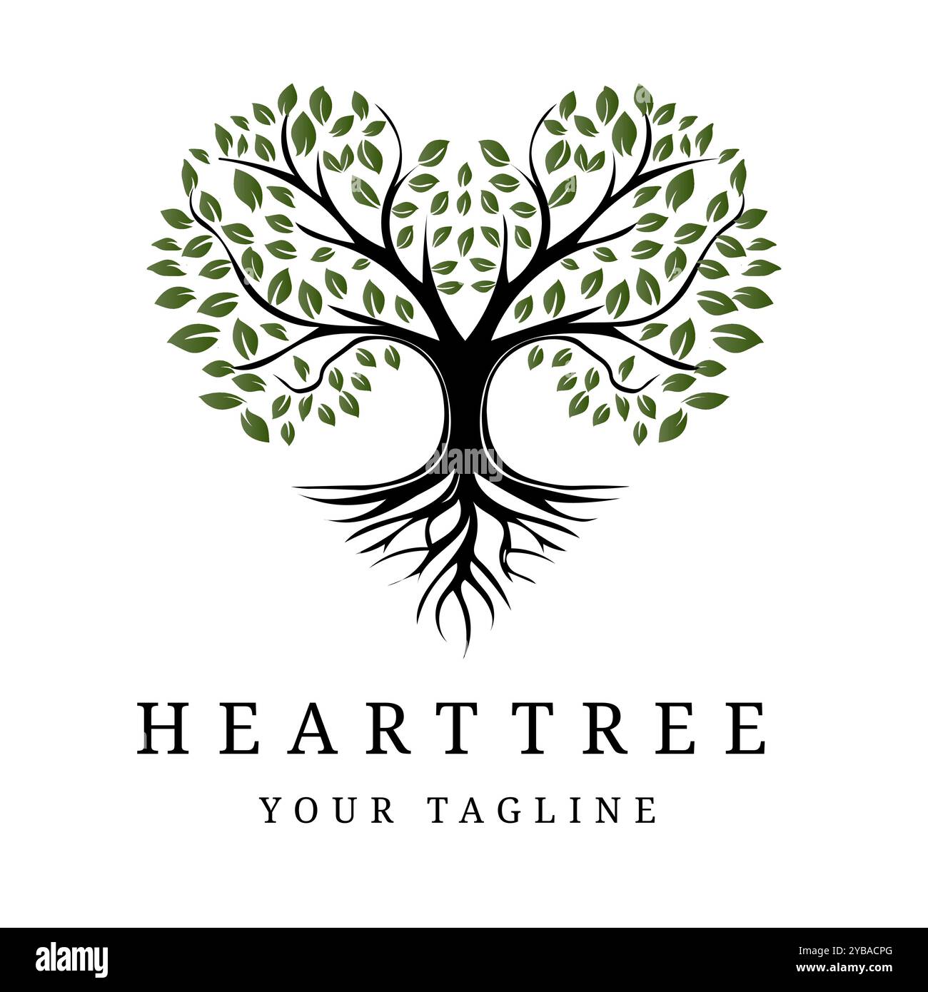 Love Tree Design. Herzförmiger Baum mit wachsenden Wurzeln und Natural Life Logo-Illustration Stock Vektor