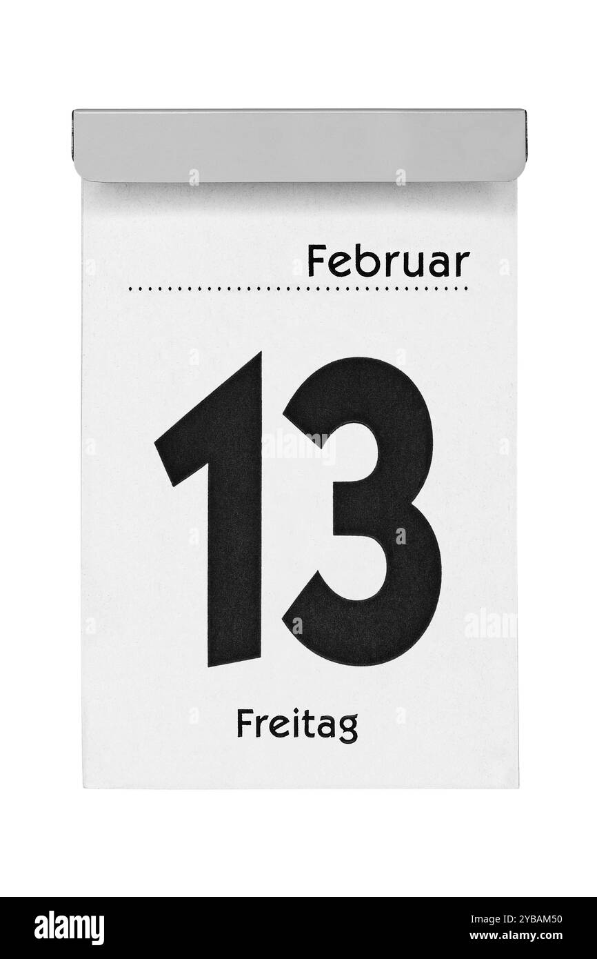 Kalenderseite am 13. Februar ein Freitag vor weißem Hintergrund Stockfoto