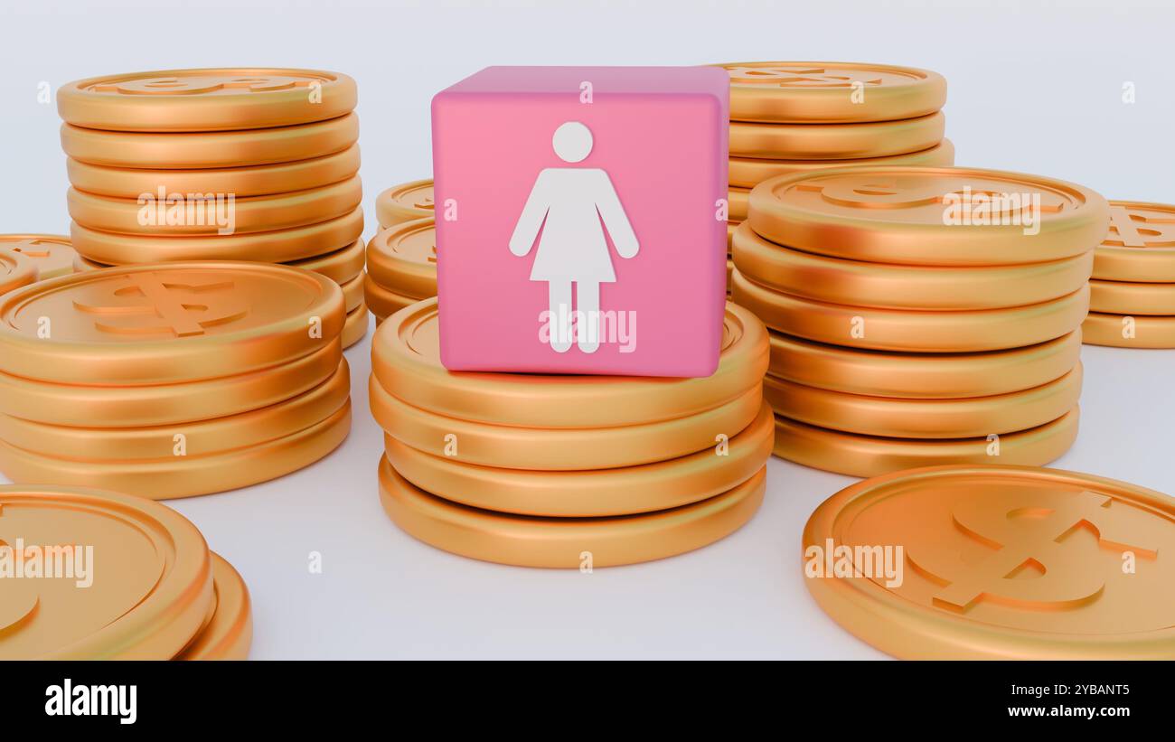 Eine 3D-Darstellung eines rosafarbenen Würfels mit einem weißen weiblichen Symbol darüber, umgeben von Stapeln von Goldmünzen. Stockfoto